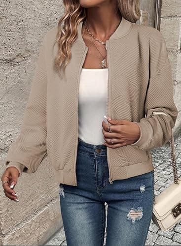 EVALESS Womens Bomber Jacket Coat Casual Stand Collar Zip Up Lightweight Fall Fashion Jackets Outfits with Pockets thumbnail 7