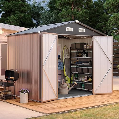 Aoxun 7.4x5.3FT Shed with Floor Galvanized Steel Outdoor Storage Shed Metal Garden Shed with Double Doors, 15mm Moisture-Proof Floor & Ventilation, Sloped Roof for Bike/Generator/Tool Storage (Brown) - Image 1