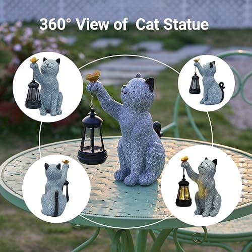 Elegondrar Solar Cat Garden Statue Outdoor Decor, Cat Sculpture with Lantern and Butterfly for Yard Lawn Patio Balcony, Christmas, Birthday Housewarming Gifts for Mom, Grandma, Women, 9.4 inch, Resin thumbnail 3