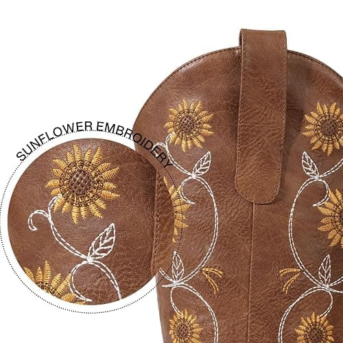 Bybmorto Cowboy Boots for Women - Mid Calf Western Sunflower Cowgirl Boots with Floral Embroidery, Square Toe Stitched Pull On Retro Design, Perfect for Country Idyll, Concerts and More thumbnail 4