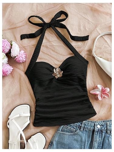 SOLY HUX Women's V Neck Halter Tops Open Back Y2k Ruched Floral Metal Summer Going Out Cami Tops thumbnail 5