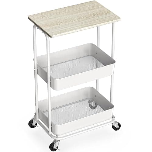 Simple Houseware 2-Tier Rolling Utility Cart with Lockable Wheels and Wood Top, Metal Storage Organizer Trolley for Kitchen, Bathroom, Office, Craft Room, Maple - Image 1