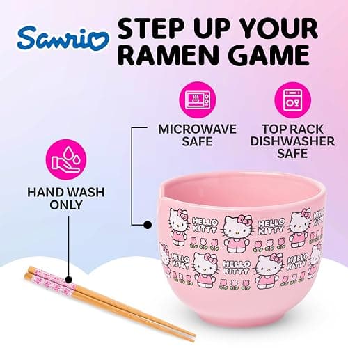Silver Buffalo Sanrio Hello Kitty Flowers Pattern Ceramic Ramen Noodle Rice Bowl with Chopsticks, Microwave Safe, 20 Ounces thumbnail 3