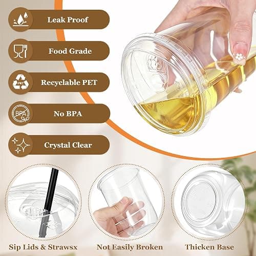 tchrules 100 Set 16oz Clear Round Bottom Plastic Cup with Sip Lid & Straw | Disposable, To Go, Leak-proof, for Iced Coffee/Cold Drinks/Slushie/ Smoothie/Matcha, Party Supplies, for Soda bar/Cafe Shop thumbnail 6