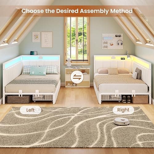 Hasuit Corner Bed Frame with Storage Drawers, Twin Daybed with Line Fabric Upholstered Fence, Kids Bed Unit with LED Light and Charging Station, Modern Bed Frame Twin Size, Beige thumbnail 4