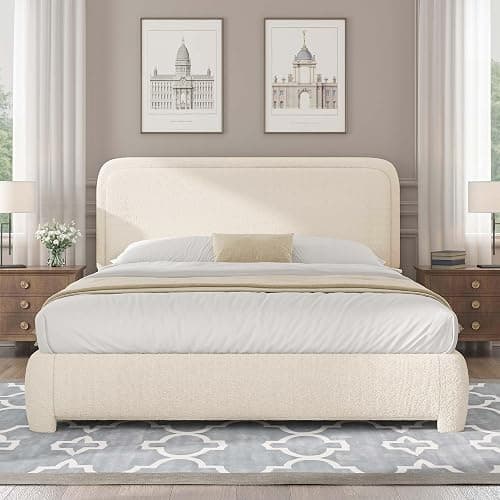 BarnFurin Queen Bed Frame with Headboard, Cloud Boucle Upholstered Platform Bed with Wood Slats, Soft Rounded Corners, No Box Spring Required, Non-Slip and Noise-Free, Easy Assembly, Cream thumbnail 2