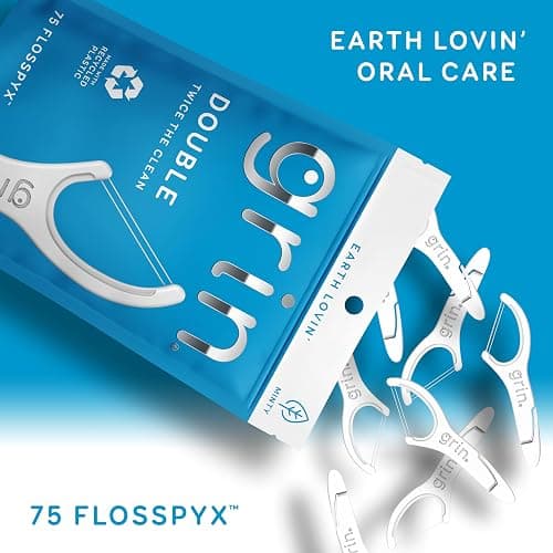 GRIN Double Flosspyx, Floss Picks, 75 Count, Dental Flossers, Minty Flavor, Recycled Plastic, 2 Lines of Strong Floss, Longer Floss Head, Traps Food and Plaque, Includes Safe Soft Fold-Back Tooth Pick thumbnail 3