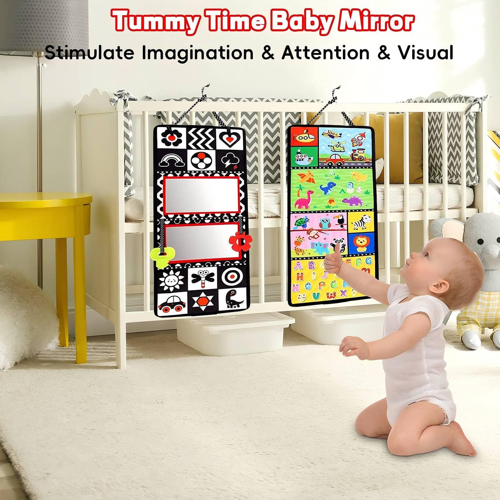 Double Tummy Time Mirror, Newborn Gifts Toys, Infant Toys 0-6 Months Brain Development Foldable Mirror, High Contrast Crawling Sensory Toy 3 6 9 12 Month Boy Girl thumbnail 7