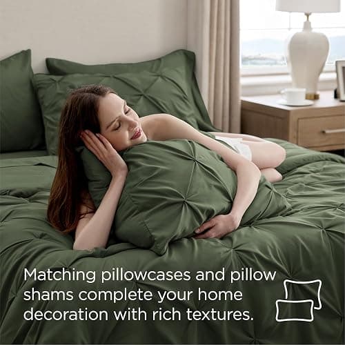 Bedsure Oversized Queen Comforter Set Olive Green - Bed in a Bag Bedding Set 7 PCS, GentleSoft™ Pintuck Bed Set Gift for Family, Pinch Pleat All Season Comforter with Sheets, Pillowcases & Shams thumbnail 8