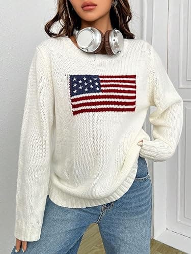 SweatyRocks Women's Flag Pattern Long Sleeve Round Neck Sweater Casual Loose Pullover Sweater thumbnail 4