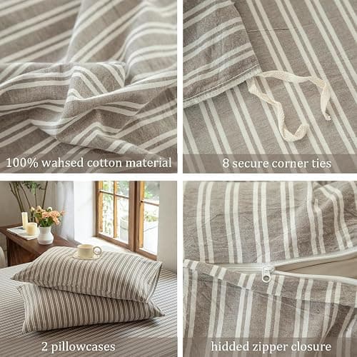 BESTDESIL Striped Duvet Cover Set, 100% Washed Cotton Bedding King Size, Stripes Pattern Printed Comforter Cover with Zipper Closure(Linen Grey,King Size) thumbnail 5