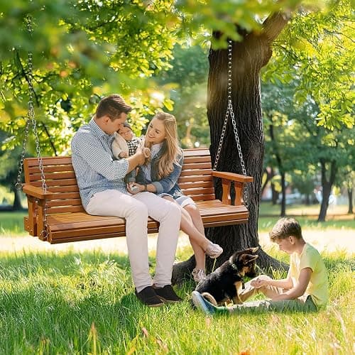 VINGLI 2026 Upgraded 5 FT Wooden Porch Swing, 880 LBS Heavy Duty, Brown | 2026 Upgraded Design; Heavy-Duty Wooden Swing; Supports 880 Lbs; Hanging Chains Included; Ideal For Garden, Patio & Yard thumbnail 7