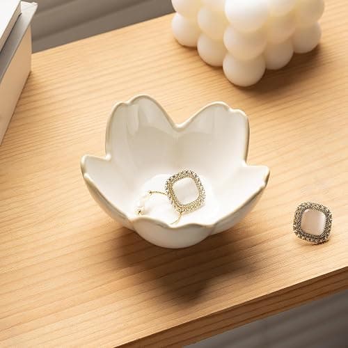 Flower Ring Holder Dish, Ceramic Jewelry Tray Dish, Small Trinket Dish, Jewelry Plate Bowl, Cute Jewlery Ring Holder Dish, Aesthetic Room Decor, Christmas Birthday Gifts for Women, 1 pack (white) thumbnail 3