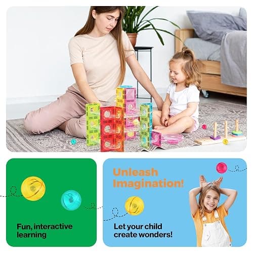 PicassoTiles 60 pc Magnet Tiles Building Block Travel Size Magnetic Marble Run Construction Toy Set Mini Diamond Marble RaceTrack Building Blocks Playset Education STEM Learning Kit Boy Girl 3+ PTMG60 thumbnail 5