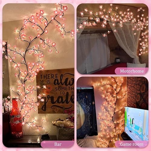 FIALAME 7.55 FT 144 LED Cherry Blossom Tree Branch Lights for Wall,8 Modes Artificial Pink Cherry Blossom Garland with Remote and Timer,Willow Vine Lights for Bedroom,Sakura Wall Decor thumbnail 2