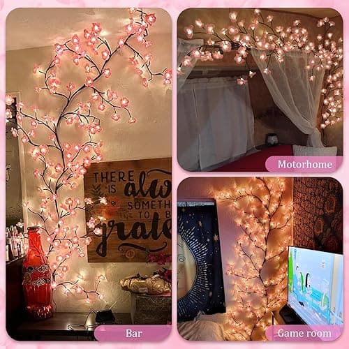 DIY Cherry Enchanted Willow Vine Lights,4 FT 48 LED Cherry Blossom Lights with Remote Timer,8 Lighting Modes,LED Tree Branch Light for Wall,Cherry Blossom Wall Decor for Bedroom Living Room Window thumbnail 6