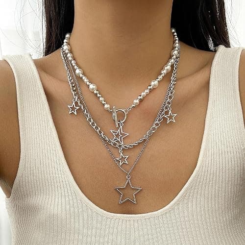 LAKIYOYO Silver Star Necklace Star Y2k Layered Necklace Chunky Stack Toggle Chain Summer Beach Jewelry with Silver Chains for Women thumbnail 4