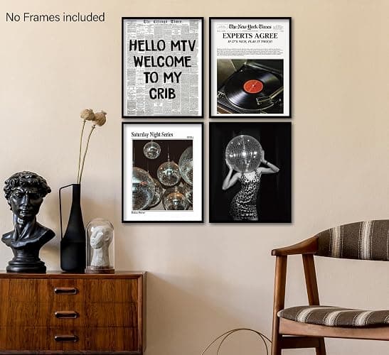 KDHTY Vintage 70s Disco Ball Newspaper Prints Wall Art,Retro Room Cheetah Print Decor,Trendy Black And White Newspaper Wall Art,Record Player Poster for Room Aesthetic,Vintage Decor for College Apartment 8x10 Unframed 4 Pcs thumbnail 5