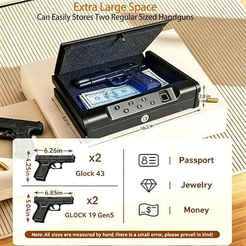 Biometric Fingerprint Handgun Safe, Small Nightstand Gun Lock Box with 3 Access Modes, 0.1s Quick Fingerprint Unlock & Voice Prompt, Heavy Steel Pistol Storage Box for Bedroom Home and Vehicle Use thumbnail 2