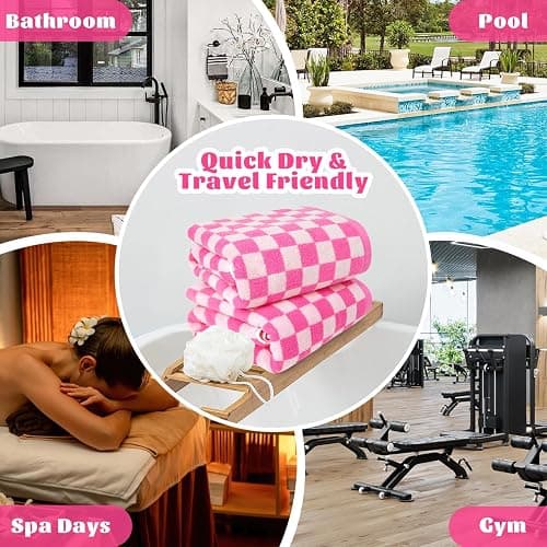 Jacquotha Hot-Pink Checkered Cotton Bath Towels Set of 2 - Cute Aesthetic Bathroom Towels for Women Girls Teens, Valentines Bathroom Decor 27.5" x 55" thumbnail 8