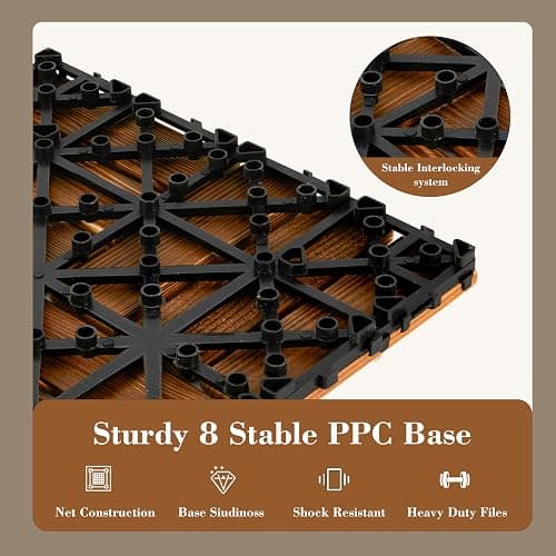 30 Pcs Interlocking Deck Tiles Solid Wood, Patio Floor Decking Tiles, Wooden Patio Flooring Outdoor Waterproof, Acacia Wood Decking All Weather for Balcony, Backyard, Porch, Poolside Use, Brown thumbnail 3