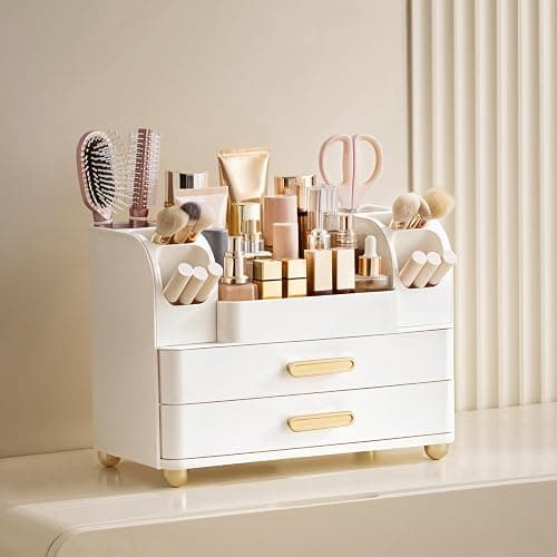 HBlife Makeup Organizer for Vanity with Brush Holder, Large Bathroom Countertop Cosmetic Organizer Skin Care Storage, Easy to Store Lipsticks, Nail Polishes, Perfumes, Eyeshadow Palettes, All White thumbnail 2