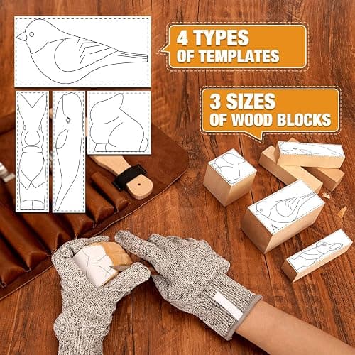 Wood Carving Kit, 24Pcs Wood Carving Tools with PU Storage Bag, Wood Whittling Knife Kit with 4pcs Templates & 6pcs Basswood Blocks for DIY Beginners thumbnail 3