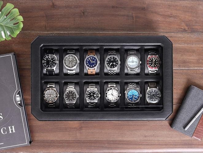 ROTHWELL 12 Slot Leather Watch Box for Men - Luxury Case Display Jewelry Organizer with Microsuede Liner - Travel Jewelry Case for Mens Accessories, Travel Organizer (Black & Grey) thumbnail 2