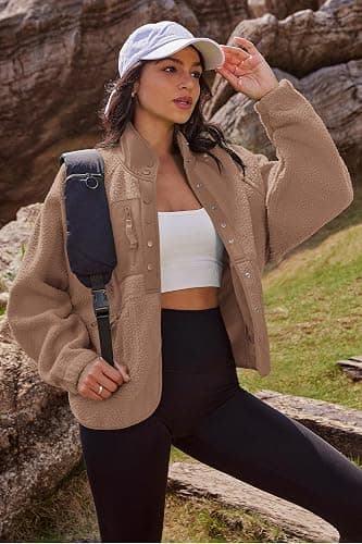 Nirovien Womens Fuzzy Fleece Jacket Button Down Sherpa Jacket | Warm Winter Coat with Pockets, Cozy Teddy Fluffy Jackets for Women, Cropped Fall Jacket, Fuzzy Sherpa Pullover, Travel Outfit thumbnail 5