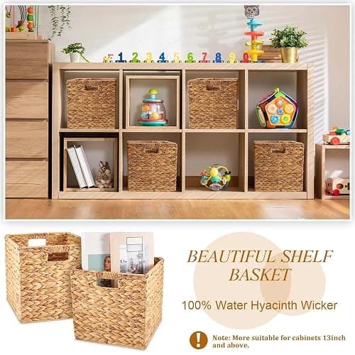 Jinei 12 Pcs Water Hyacinth Storage Baskets 10"x10"x10" Wood Color | Handwoven Wicker Bins with Handles, Wicker Cube Baskets Bulk for Shelves Organizer Laundry, Closet Bedroom thumbnail 5