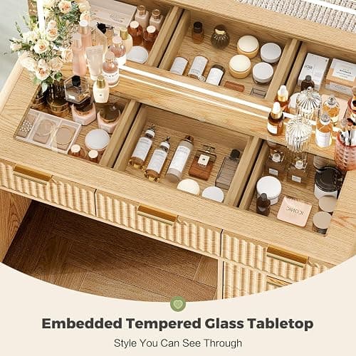 GRUTEUNIT 47“Makeup Vanity Desk with 44.8" Mirror and Lights, Vanity Desk with 7 Drawers, Makeup Vanity Table with a Glass Tabletop, 3 Color Modes & Adjustable Brightness Dressing Table, Bedroom,Oak thumbnail 6
