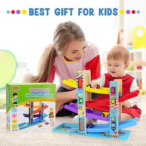 Montessori Toys for Toddlers, Children Race Track Toy with 4 Cars and 1 Wooden Parking Lot, Stable Base, Car Ramp Toy for 1 2 3 Year Old Boy Girl Gifts thumbnail 3