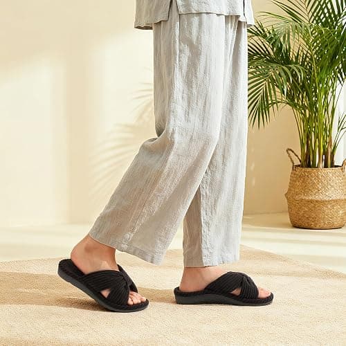Litfun Orthopedic House Slippers for Women Arch Support Cross Bow Indoor Slippers Corduroy Bedroom Shoes Open Toe Slip On thumbnail 6