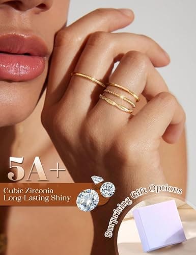 CASSIECA 14K Gold Plated Stackable Rings for Women Non Tarnish Cubic Zirconia Band Rings Set Dainty Trendy Statement Engagement Promise Stacking Ring Size 5-10 thumbnail 3