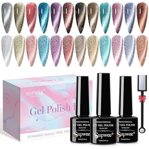 SUPWEE Reflective Cat Eye Gel Nail Polish Sparkling Holographic Magnetic Nail Polish Gel 9D Cateye Gel Polish Set 12 Colors with Magnet for Home DIY Manicure Nail Salon - Reflective Cat Eye Gel