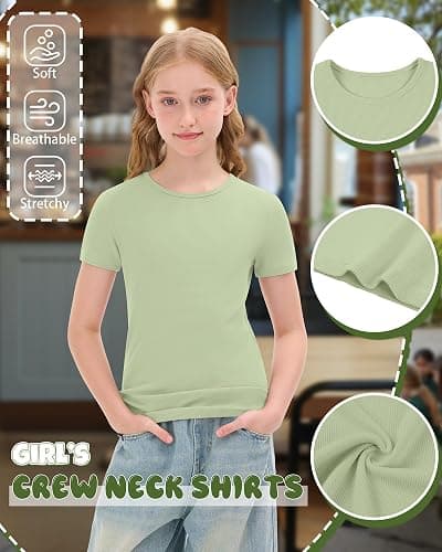 Oakgarden 4 Pack Girls T Shirts 5-14 Years Short Sleeve Ribbed Tops Crew Neck Slim Fit Summer Casual Cute Basic Tees for Kids thumbnail 6