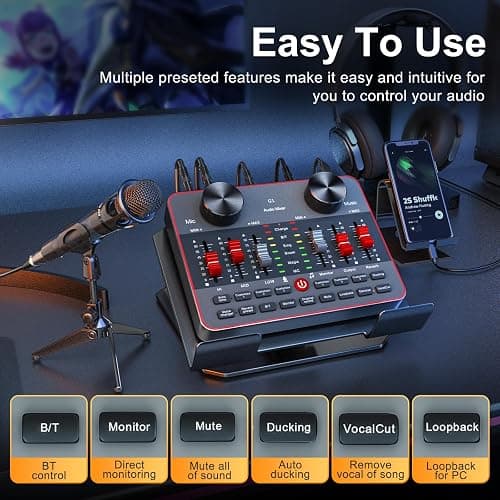 Podcast Equipment Bundle for 2 Mic Tiktok Video Content Creator Kit, Audio Interface DJ Mixer Sound Card/Board Condenser Microphone for Studio Smartphone/PC/Laptop Broadcast Recording thumbnail 7