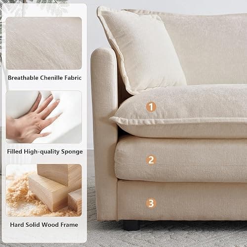 mikibama Modular Sectional Sofa, 111.5 Inch U Shaped Couch Set for Living Room, 3-Seater Comfy Cloud Couches with Movable Ottoman, DIY Combination, Chenille, Light Coffee thumbnail 4