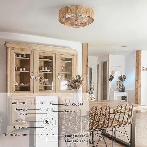 20 Inch Boho Caged Ceiling Fans with Lights Flush Mount, Layered Rattan Ceiling Fan with Light Remote Control with Reversible 6 Speeds for Bedroom, Nursery, Living Room, E12 Base, Indoor - 20 Inch Boho Caged Ceiling Fans with Lights thumbnail 8