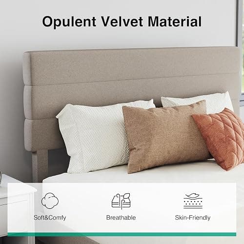 Novilla Full Size Bed Frame with Headboard, Full Bed Frame with Wooden Slats Support, Linen Upholstered Stripe Headboard, No Box Spring Needed, Heavy Duty Feet, Easy Assembly, Beige thumbnail 7