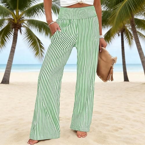 bawilom Women's Wide Leg Beach Pants Elastic Waist Striped Lightweight Casual Flowy Palazzo Lounge Trousers with Pockets thumbnail 2