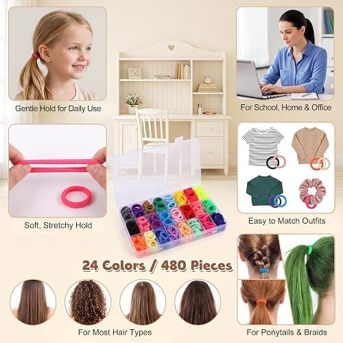 200 Pcs Baby Hair Ties with Organizer Box, Cotton Seamless, 24 Colors | Soft cotton seamless bands, gentle stretch, sorted storage box, for baby and toddler ponytails, braids, daily styling thumbnail 3