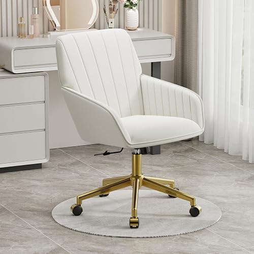 YISHENG Velvet Home Office Chair with Gold Base Upholstered Tufted Modern Height Adjustable 360 Degree Swivel Desk Chair with Wheels, Vanity Chairs for Living Room, Bedroom,Study Room (Cream) thumbnail 4