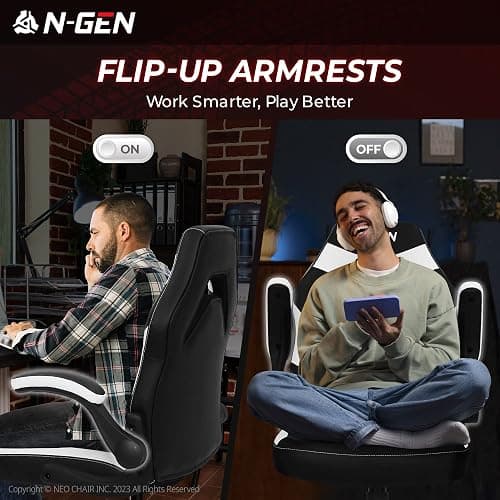 N-GEN Gaming Gaming Chair, Lumbar, PU Leather, Flip-Up Arms, White | Ergonomic High-Back Design, Adjustable Height with 360° Swivel Wheels, Comfortable Computer Desk Seating for Office and Home thumbnail 6