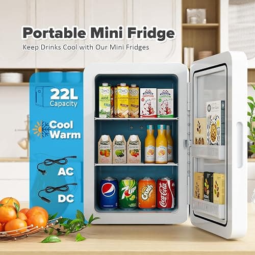 Kikihuose 22L/30Cans Mini Fridge for Bedroom, 12v DC Portable Cooler & Warmer, Mini Refrigerator with Glass Front, for Car Office Desk & Dorm Food Beverage Skincare Makeup (White) - White01 - 22L thumbnail 8