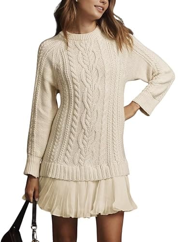 MINSURE Women Cable Knit Sweater Dress Crewneck Long Sleeve Pleated Mini Dress Twofer Style Patchwork Dress - Image 1
