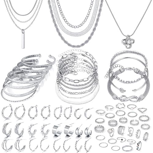 IFKM 36 PC Silver Plated Jewelry Set With 3 Necklace, 12 Bracelet, 7 Ear Cuffs Earring, 14 Knuckle Rings For Women Girls Valentine Anniversary Birthday Friendship Gift - Image 1
