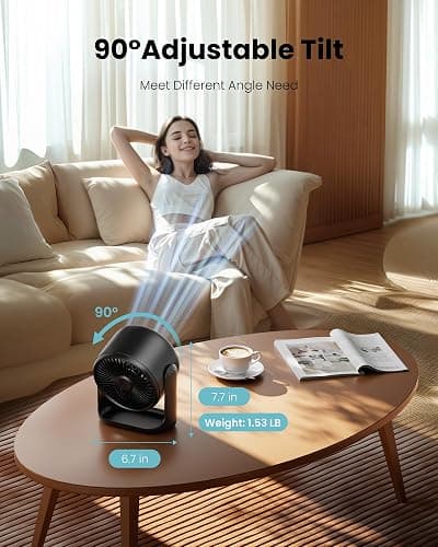 Gaiatop Desk Fan with Touch Control, 4000mAh Battery, 5 Speeds Ultra Quiet Bedroom Fan with LED Display, 90° Tilt, 7.7 Inch USB-C Rechargeable Desktop Fan for Dorm Office Room Home Office, Black thumbnail 5