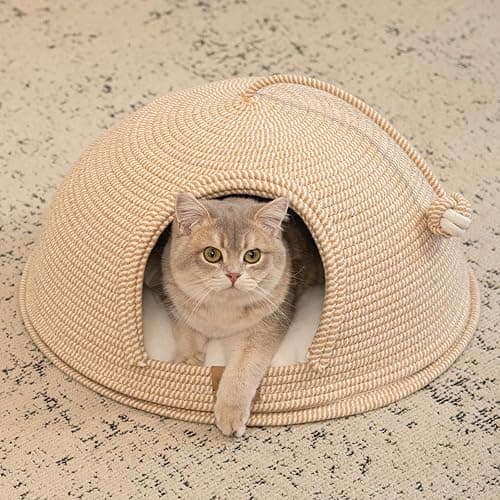 CHEERPALS Cat Cave Bed for Indoor Cats, 3 in 1 Cat House with Washable Cushion and Ball, Scratcher Bed, Cute Rope Bed for Kittens and Large Cat(White) thumbnail 9