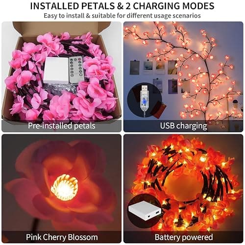 FNHMSL Cherry Enchanted Willow Vine Lights, 4FT 48LED Pink Cherry Blossom Tree Branch Lights for Wall, Remote Timer,8 Light Model,Bedroom Wall Doors Wedding, Christmas, USB Battery Box thumbnail 4